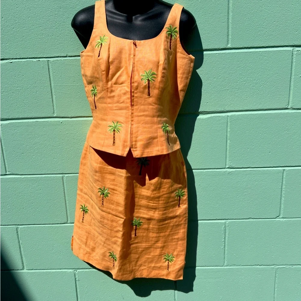 Jade by Melody Tam 100% Linen Embroidered Palm Tree Two Piece Set Size 4 - Picture 1 of 10
